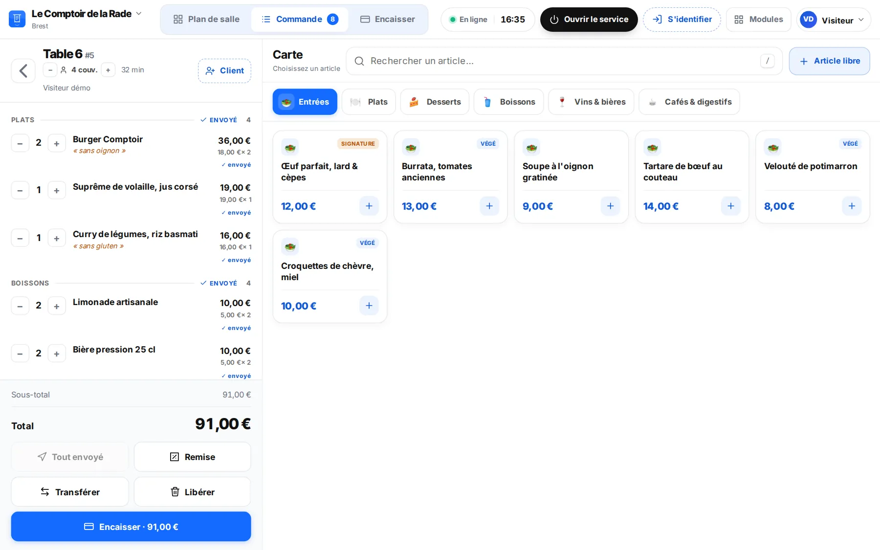 Interface d’Inklura Caisse : catalogue des produits et commande en cours