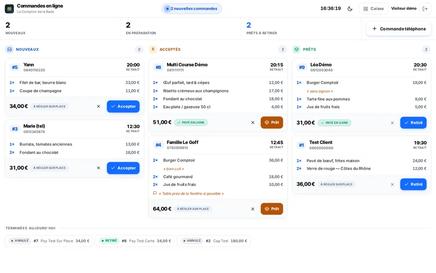 Les commandes en ligne — Le click & collect depuis la carte publique : accepter, préparer, remettre.