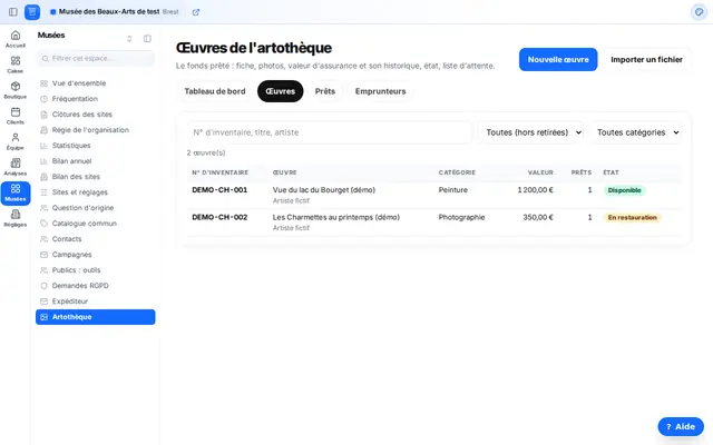 La liste des œuvres de l'artothèque avec leur numéro d'inventaire, leur valeur d'assurance et leur état.