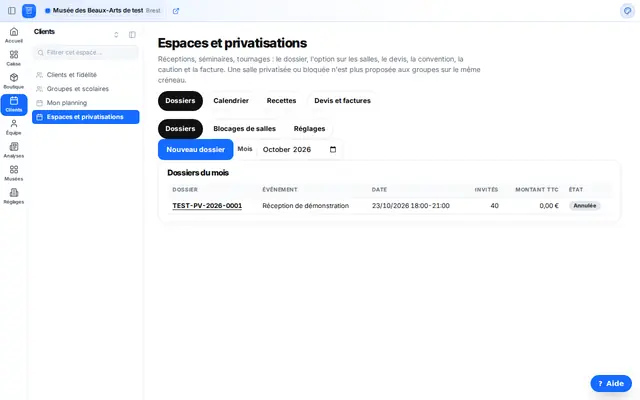 Les dossiers de privatisation du mois, avec leur événement, leur date, le nombre d'invités et leur état.