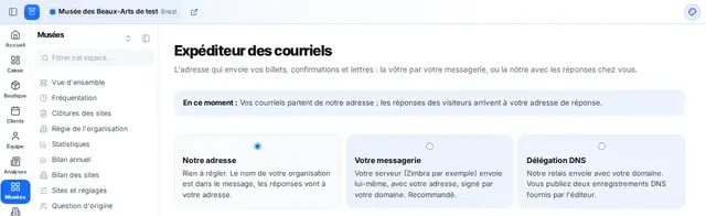 L'écran Expéditeur des courriels avec ses trois modes d'envoi.