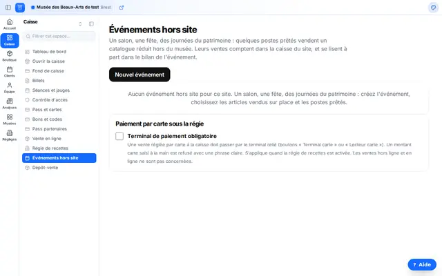 L'écran des événements hors site et le réglage du paiement par carte sous la régie.