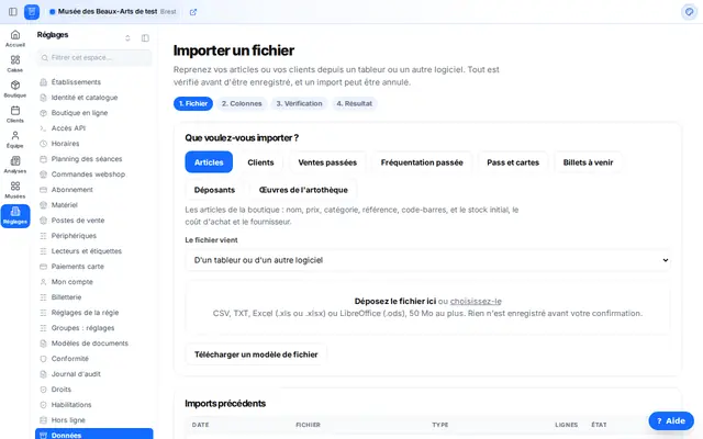 L'écran Importer un fichier : le choix de ce qui est importé et le dépôt du fichier.