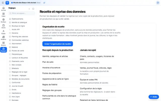 L'écran Recette et reprise des données : l'organisation de recette et ce qui est recopié ou non.