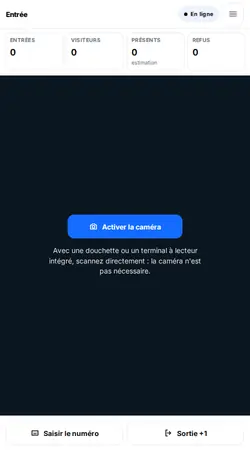 Le contrôle des billets sur un téléphone : activer la caméra, saisir un numéro, compter une sortie.