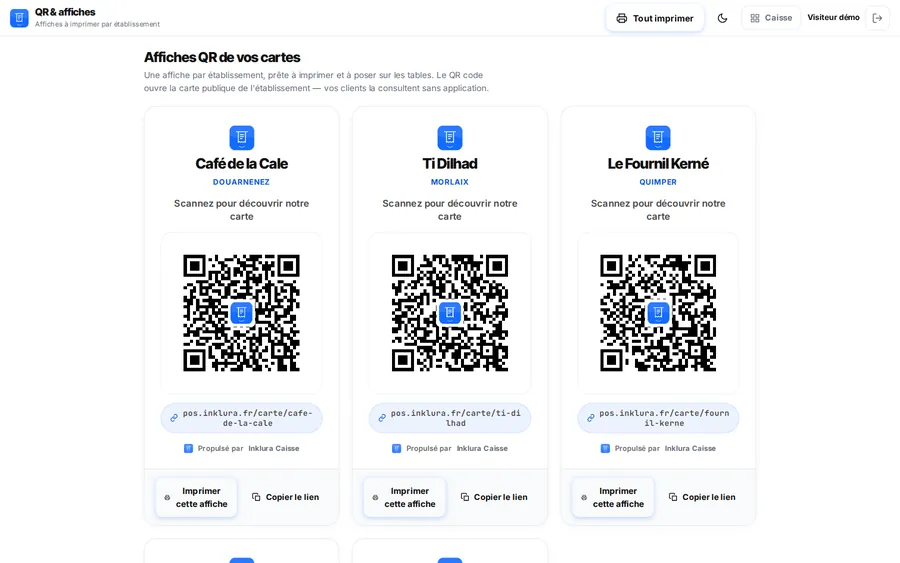 QR et affiches — Une affiche par établissement, prête à imprimer et à poser sur les tables.